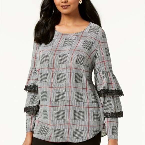Alfani Tops - ALFANI Sz S Plaid  Ruffle Long-Sleeve Blouse Top